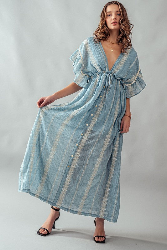 Deep V Neck Lace Embroidery Maxi Dress Lt Blue-Dress-Urban Daizy-S-Urbanheer