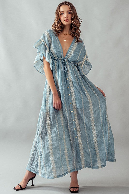 Deep V Neck Lace Embroidery Maxi Dress Lt Blue-Dress-Urban Daizy-S-Urbanheer