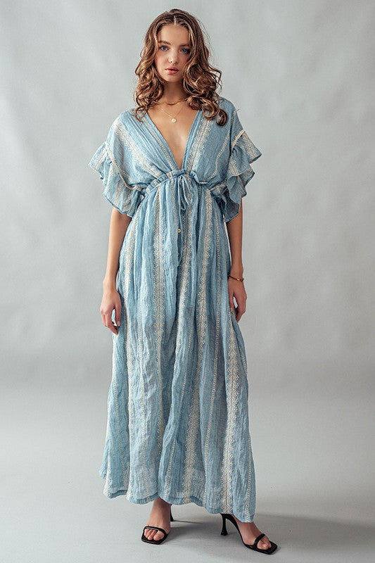 Deep V Neck Lace Embroidery Maxi Dress Lt Blue-Dress-Urban Daizy-S-Urbanheer