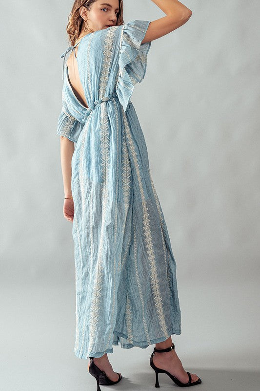 Deep V Neck Lace Embroidery Maxi Dress Lt Blue-Dress-Urban Daizy-S-Urbanheer