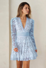 Deep V-Neck Lace Tiered Dress POWDER BLUE-Dress-Endless Blu-S-POWDER BLUE-Urbanheer
