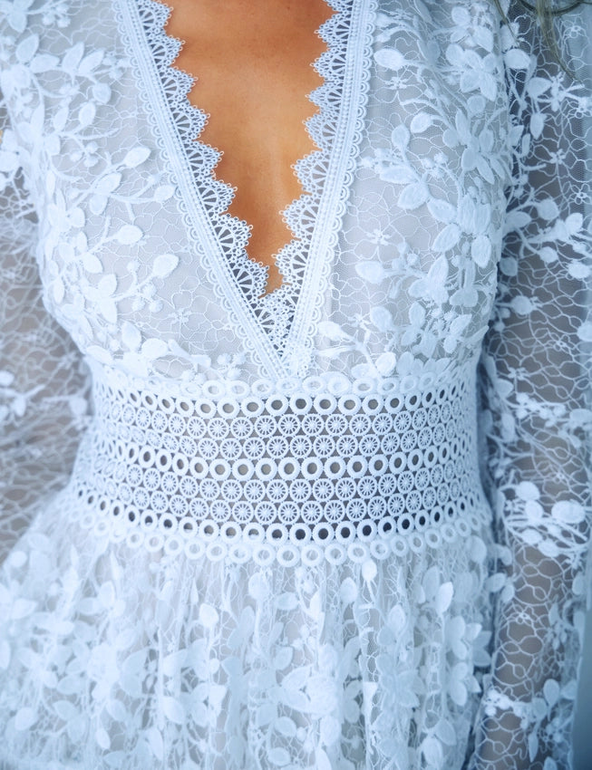 Deep V-Neck Lace Tiered Dress POWDER BLUE-Dress-Endless Blu-S-POWDER BLUE-Urbanheer