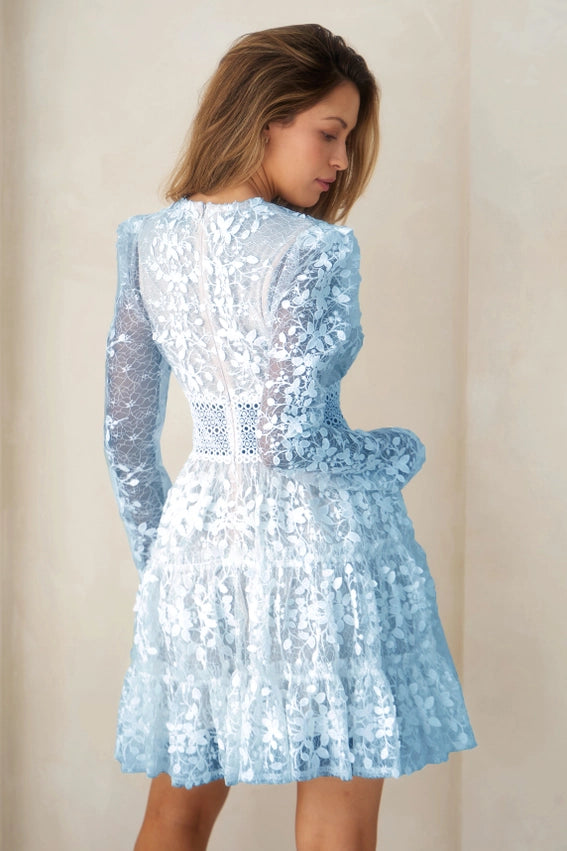 Deep V-Neck Lace Tiered Dress POWDER BLUE-Dress-Endless Blu-S-POWDER BLUE-Urbanheer