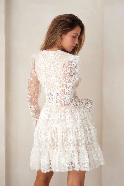 Deep V-Neck Lace Tiered Dress White-Dress-Endless Blu-S-White-Urbanheer