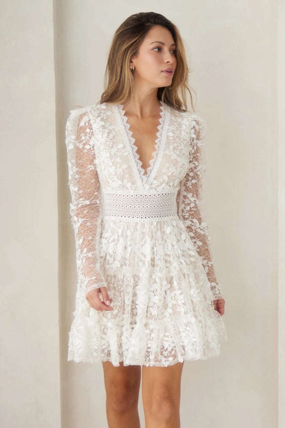 Deep V-Neck Lace Tiered Dress White-Dress-Endless Blu-S-White-Urbanheer