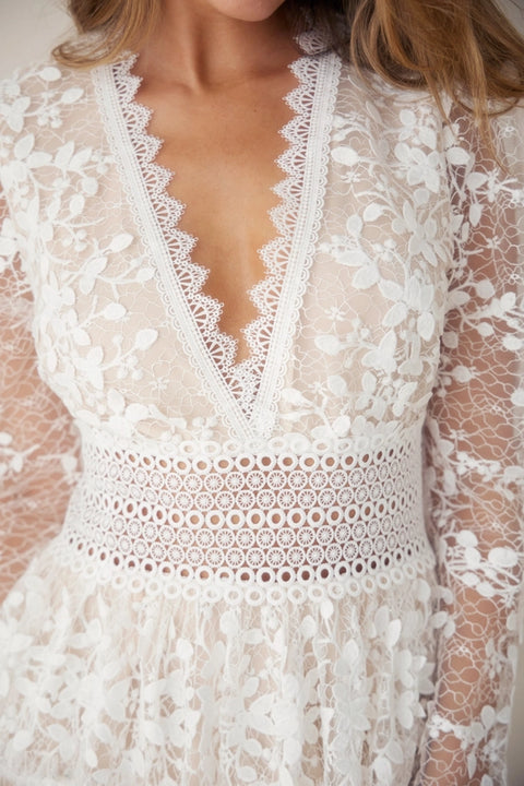 Deep V-Neck Lace Tiered Dress White-Dress-Endless Blu-S-White-Urbanheer