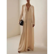 Deep V-Neck Loose Plain Drawstring Leisure Maxi Dresses-Dress-OceanusSwim-S-LIGHT APRICOT-Urbanheer