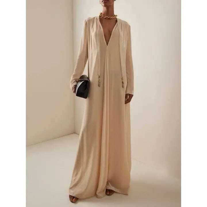 Deep V-Neck Loose Plain Drawstring Leisure Maxi Dresses-Dress-OceanusSwim-S-LIGHT APRICOT-Urbanheer