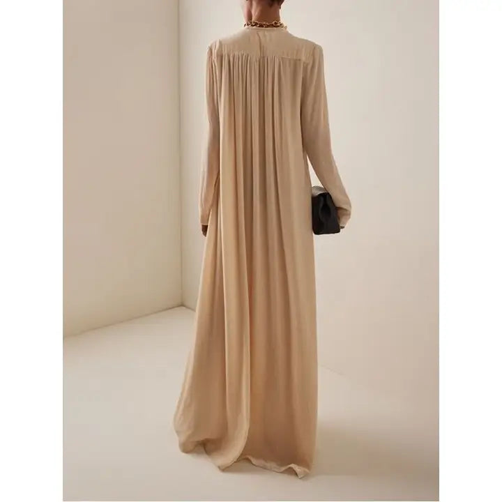 Deep V-Neck Loose Plain Drawstring Leisure Maxi Dresses-Dress-OceanusSwim-S-LIGHT APRICOT-Urbanheer