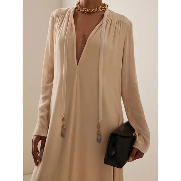 Deep V-Neck Loose Plain Drawstring Leisure Maxi Dresses-Dress-OceanusSwim-S-LIGHT APRICOT-Urbanheer