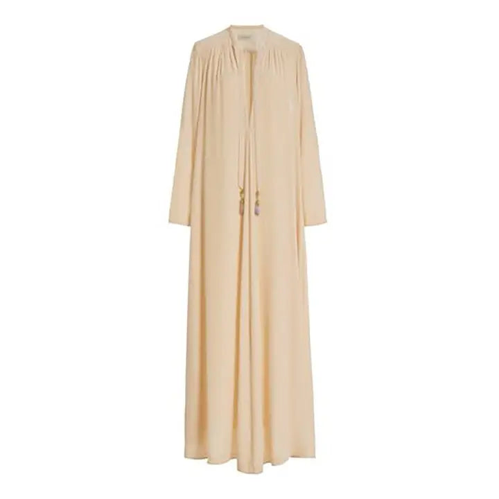 Deep V-Neck Loose Plain Drawstring Leisure Maxi Dresses-Dress-OceanusSwim-S-LIGHT APRICOT-Urbanheer