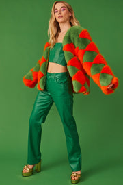 Delilah Green Red Faux Fur Jacket-Faux Fur Jackets-Buy Me Fur Ltd-Green-Red-S-M-Acrylic - Modacrylic Blend-Urbanheer
