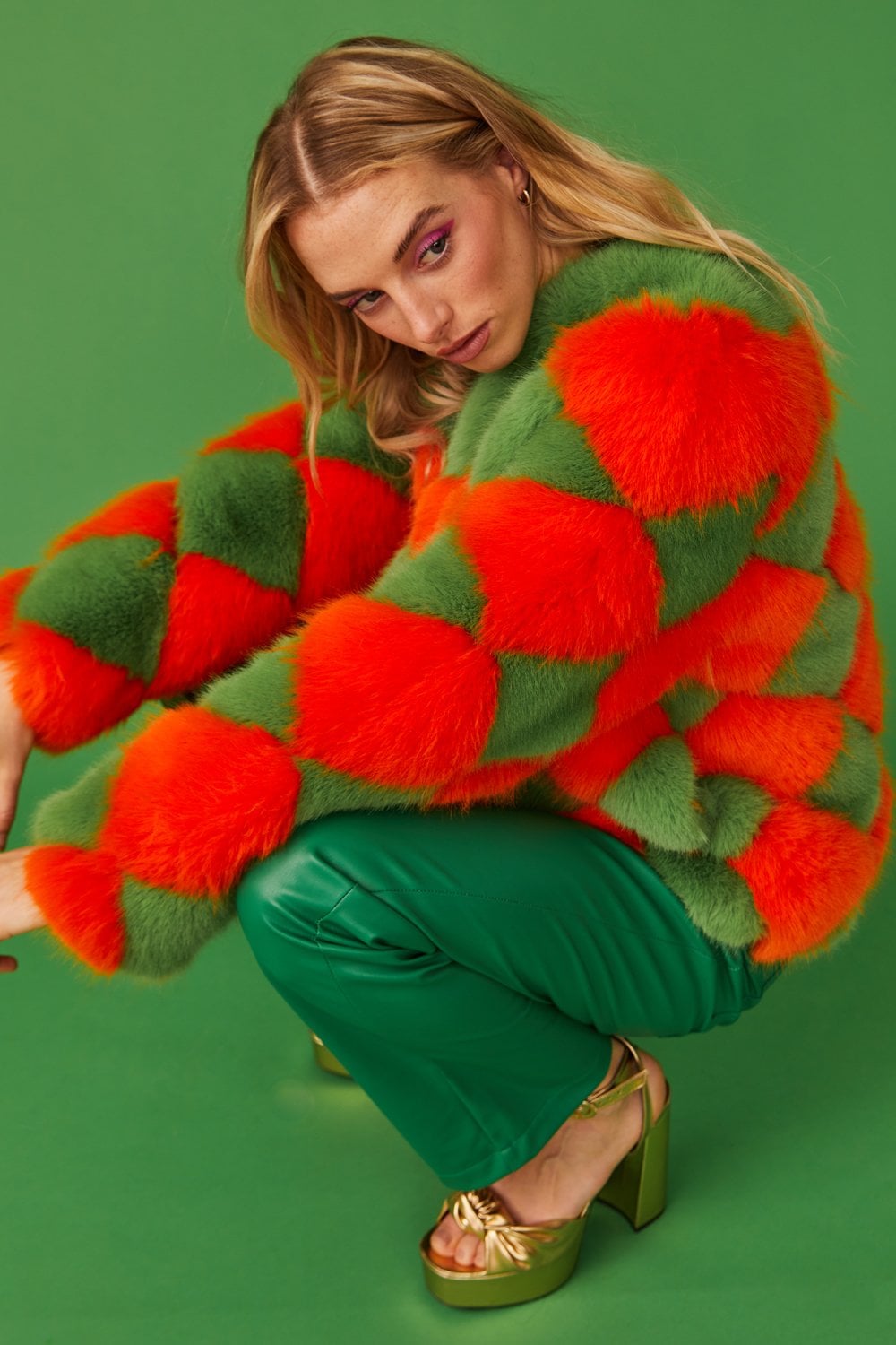 Delilah Green Red Faux Fur Jacket-Faux Fur Jackets-Buy Me Fur Ltd-Green-Red-S-M-Acrylic - Modacrylic Blend-Urbanheer
