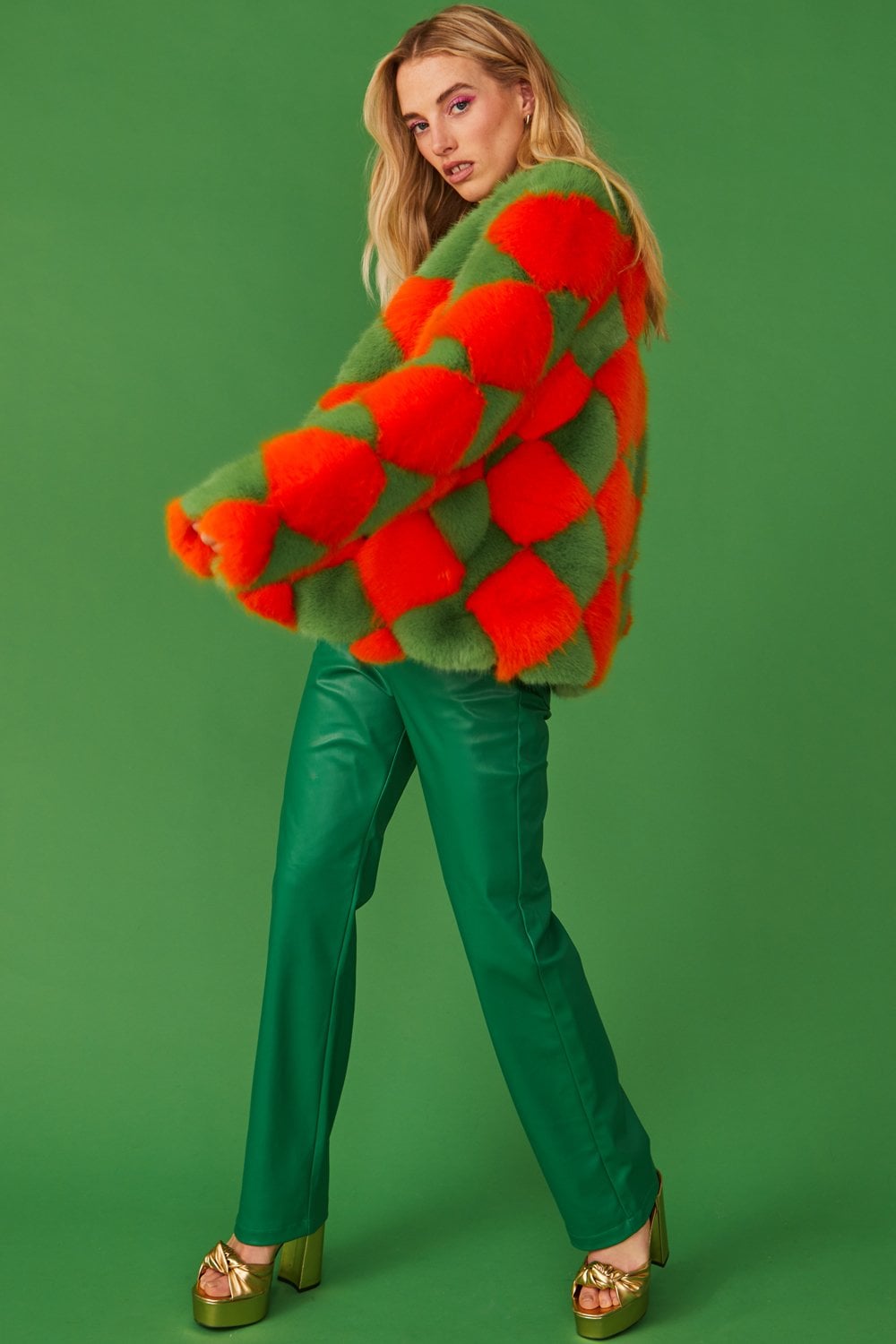 Delilah Green Red Faux Fur Jacket-Faux Fur Jackets-Buy Me Fur Ltd-Green-Red-S-M-Acrylic - Modacrylic Blend-Urbanheer