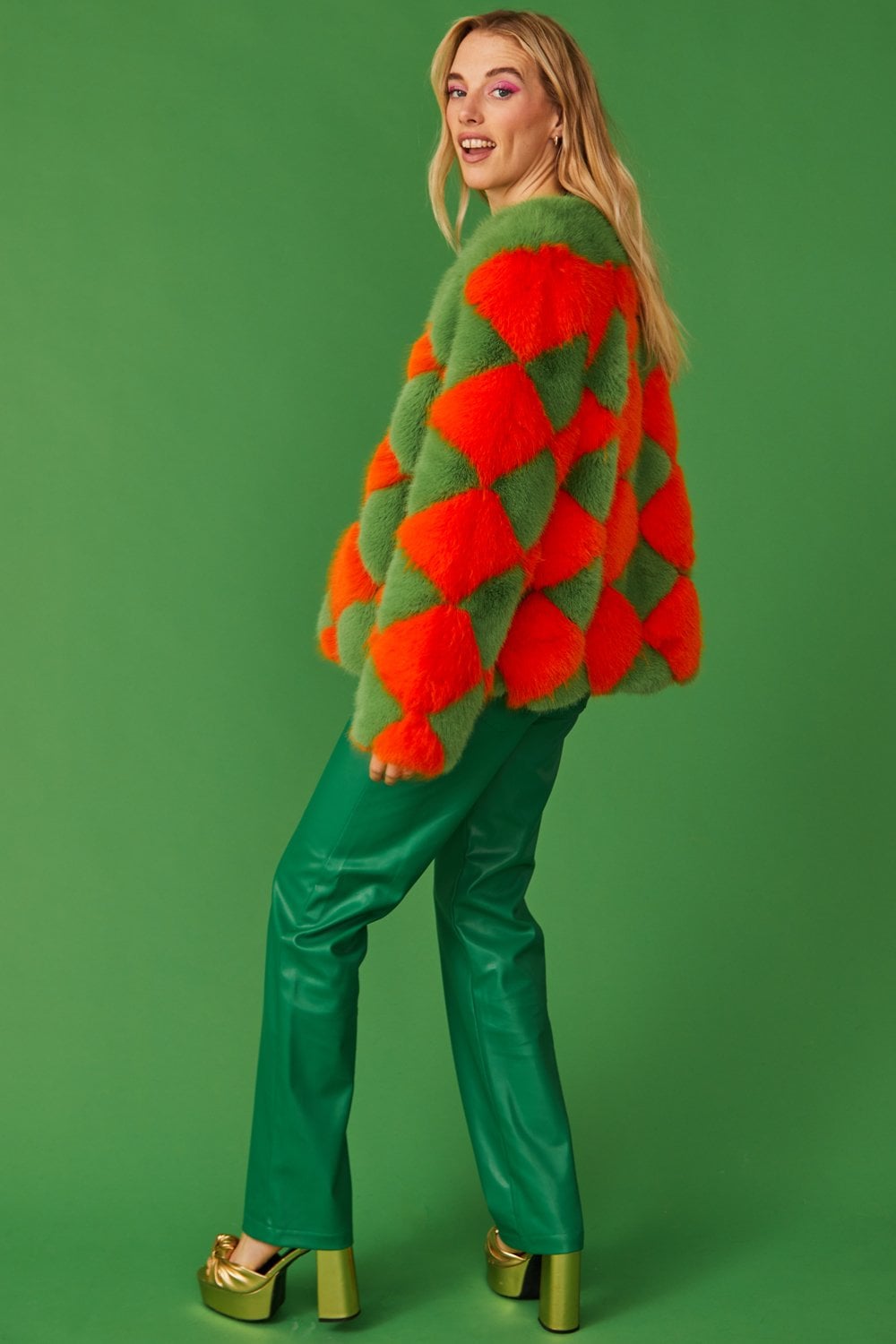 Delilah Green Red Faux Fur Jacket-Faux Fur Jackets-Buy Me Fur Ltd-Green-Red-S-M-Acrylic - Modacrylic Blend-Urbanheer