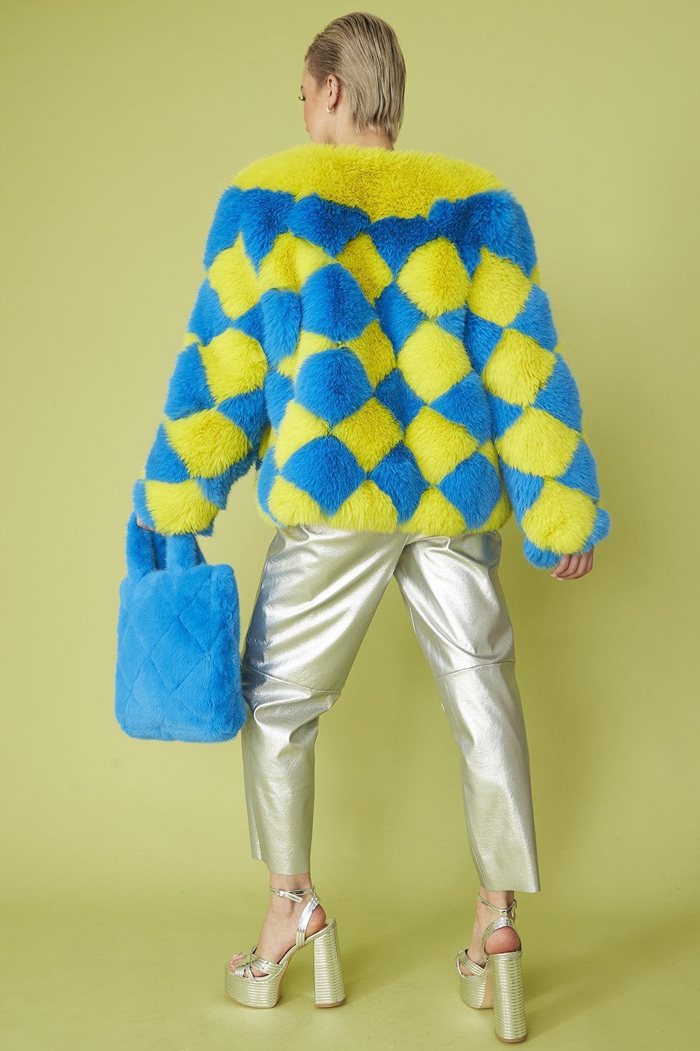 Delilah Handmade Yellow Blue Faux Fur Jacket-Faux Fur Jackets-Buy Me Fur Ltd-Yellow-Blue-S-M-Acrylic - Modacrylic Blend-Urbanheer