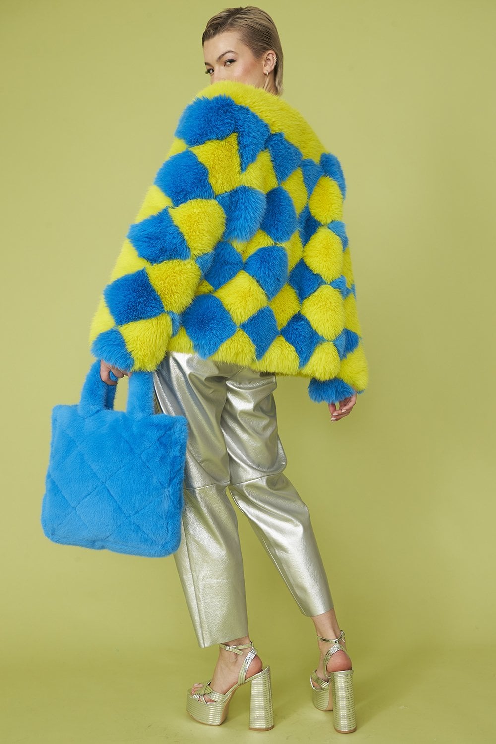 Delilah Handmade Yellow Blue Faux Fur Jacket-Faux Fur Jackets-Buy Me Fur Ltd-Yellow-Blue-S-M-Acrylic - Modacrylic Blend-Urbanheer