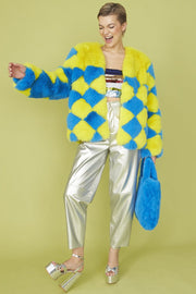 Delilah Handmade Yellow Blue Faux Fur Jacket-Faux Fur Jackets-Buy Me Fur Ltd-Yellow-Blue-S-M-Acrylic - Modacrylic Blend-Urbanheer