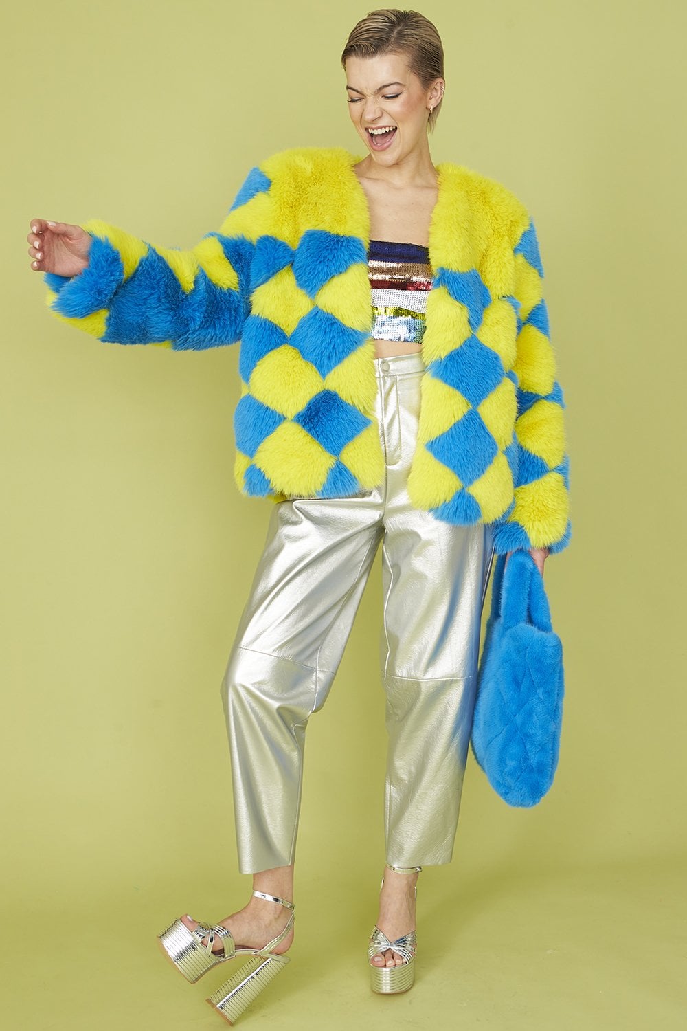 Delilah Handmade Yellow Blue Faux Fur Jacket-Faux Fur Jackets-Buy Me Fur Ltd-Yellow-Blue-S-M-Acrylic - Modacrylic Blend-Urbanheer