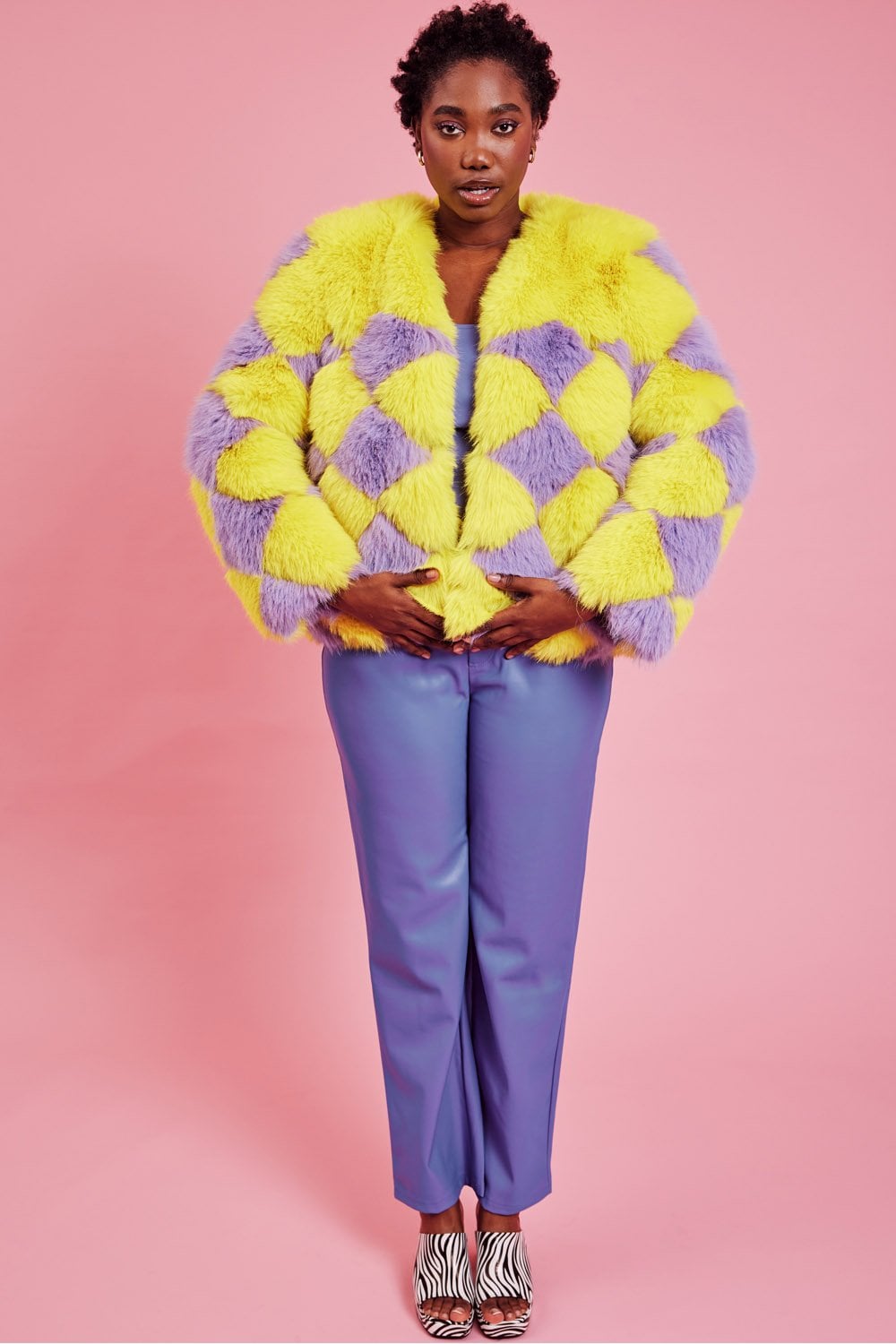 Delilah Yellow Purple Faux Fur Curve Size Jacket-Faux Fur Jackets-Buy Me Fur Ltd-Yellow-Purple-Curve-Acrylic - Modacrylic Blend-Urbanheer