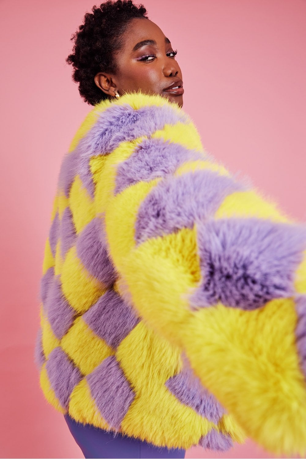 Delilah Yellow Purple Faux Fur Curve Size Jacket-Faux Fur Jackets-Buy Me Fur Ltd-Yellow-Purple-Curve-Acrylic - Modacrylic Blend-Urbanheer