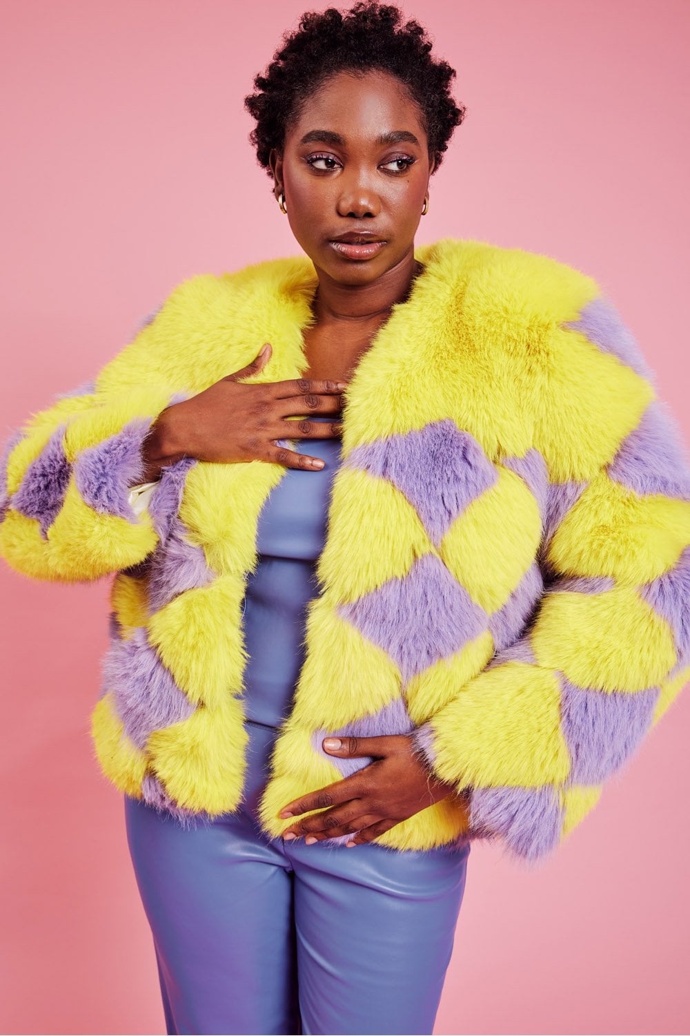 Delilah Yellow Purple Faux Fur Curve Size Jacket-Faux Fur Jackets-Buy Me Fur Ltd-Yellow-Purple-Curve-Acrylic - Modacrylic Blend-Urbanheer