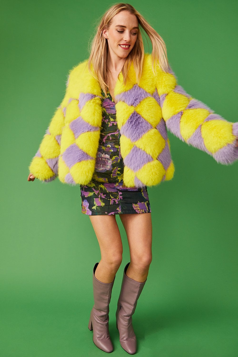 Delilah Yellow Purple Faux Fur Jacket-Faux Fur Jackets-Buy Me Fur Ltd-Yellow-Purple-S-M-Acrylic - Modacrylic Blend-Urbanheer