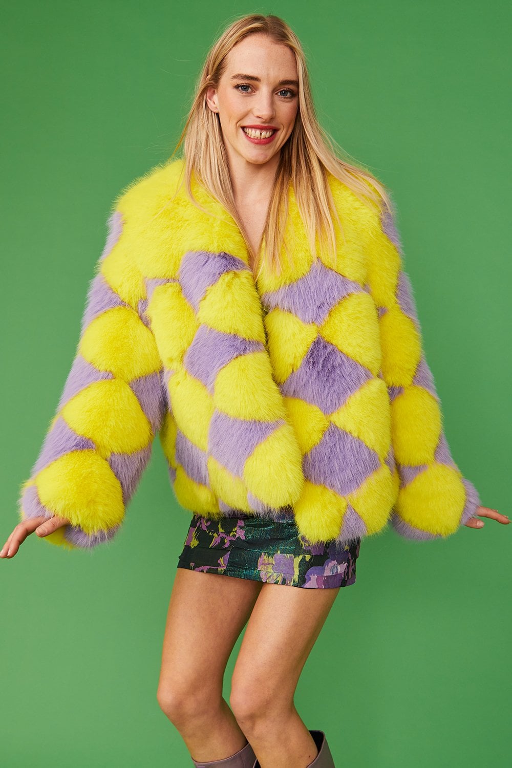 Delilah Yellow Purple Faux Fur Jacket-Faux Fur Jackets-Buy Me Fur Ltd-Yellow-Purple-S-M-Acrylic - Modacrylic Blend-Urbanheer