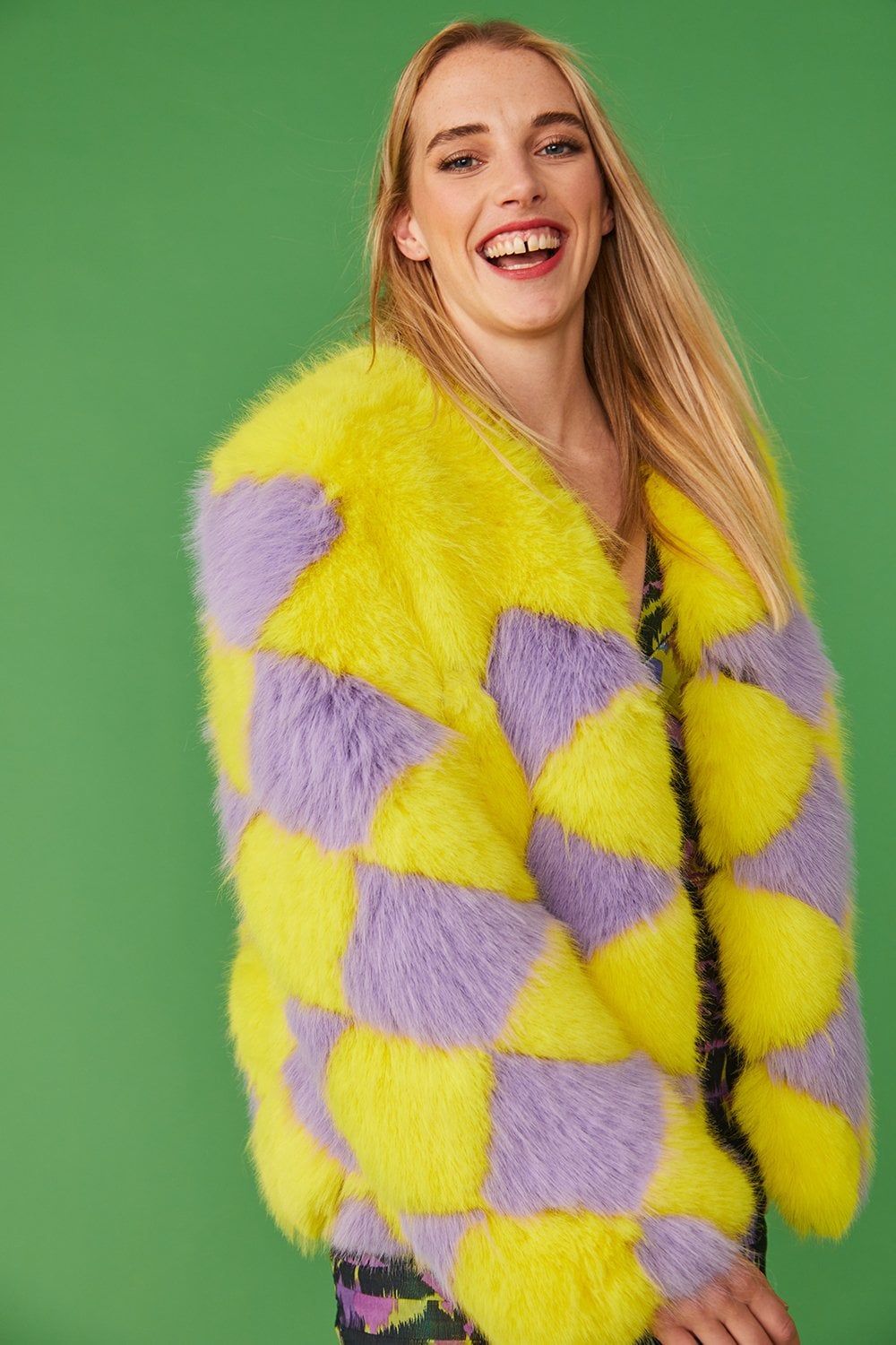 Delilah Yellow Purple Faux Fur Jacket-Faux Fur Jackets-Buy Me Fur Ltd-Yellow-Purple-S-M-Acrylic - Modacrylic Blend-Urbanheer