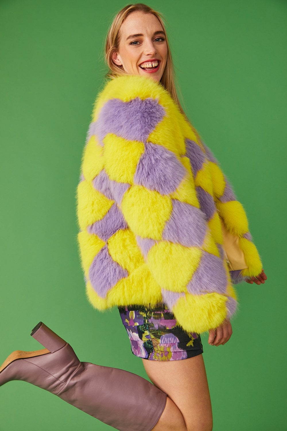 Delilah Yellow Purple Faux Fur Jacket-Faux Fur Jackets-Buy Me Fur Ltd-Yellow-Purple-S-M-Acrylic - Modacrylic Blend-Urbanheer