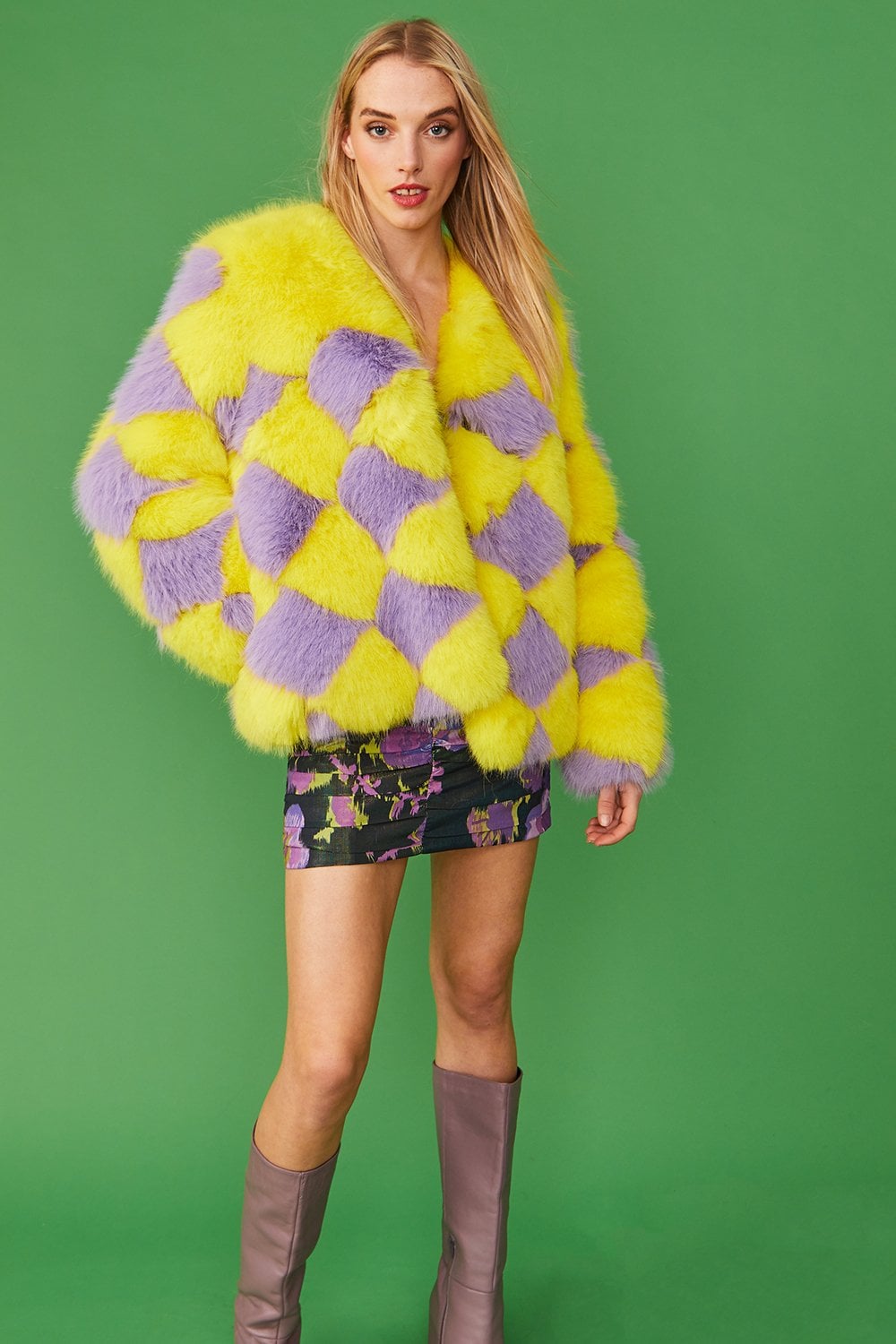 Delilah Yellow Purple Faux Fur Jacket-Faux Fur Jackets-Buy Me Fur Ltd-Yellow-Purple-S-M-Acrylic - Modacrylic Blend-Urbanheer