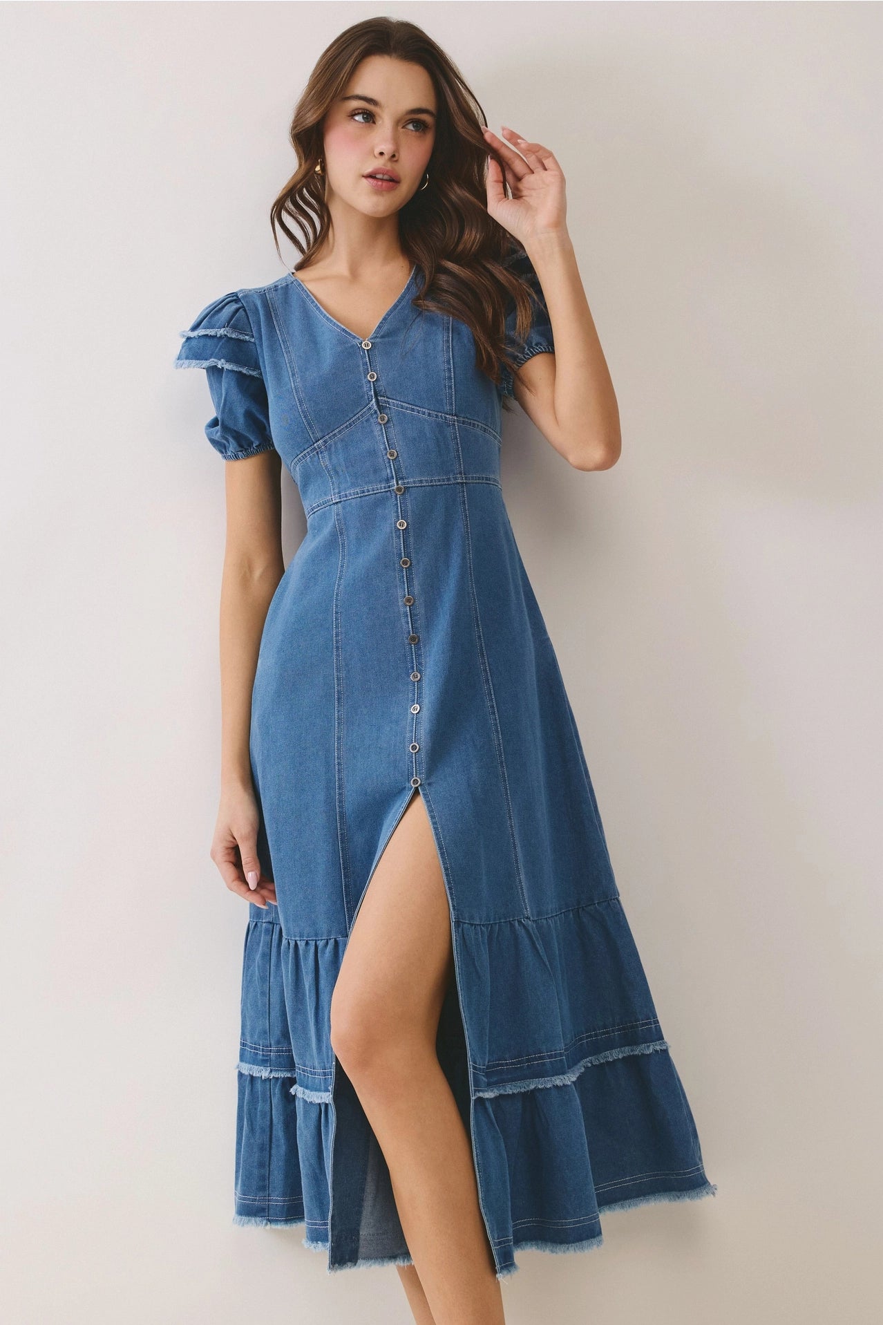 Denim Button Down Front Slit Tiered Midi Dress