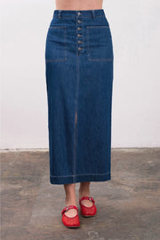 Denim Button Front Detail Midi Skirt