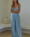 Denim Cotton Plunged V-Neck Wide Leg Jumpsuit Light Blue-Jumpsuit-By Together-S-Light Blue-Urbanheer
