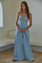 Denim Cotton Plunged V-Neck Wide Leg Jumpsuit Light Blue-Jumpsuit-By Together-S-Light Blue-Urbanheer
