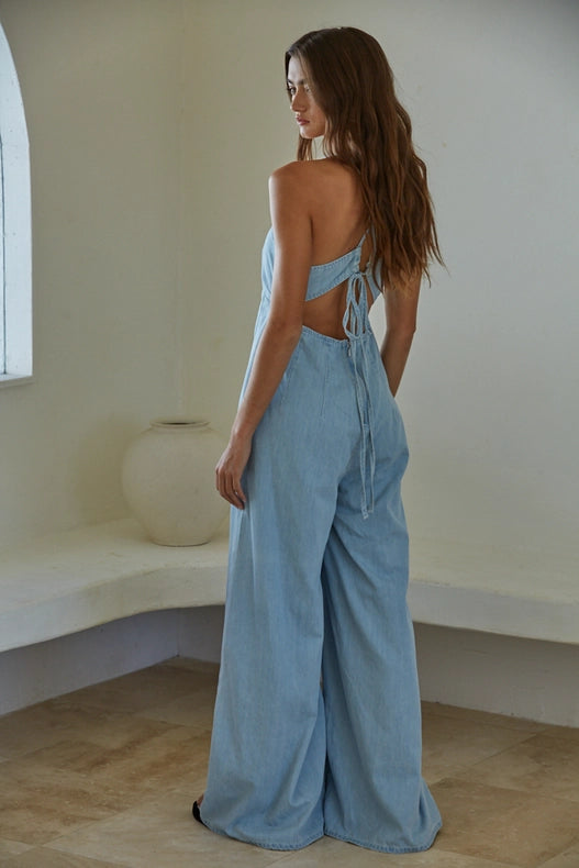 Denim Cotton Plunged V-Neck Wide Leg Jumpsuit Light Blue-Jumpsuit-By Together-S-Light Blue-Urbanheer