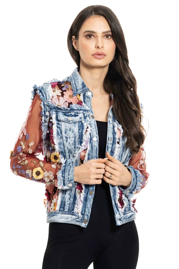 Denim Jacket with Floral Embroidery-Jacket-Adore-S-Urbanheer