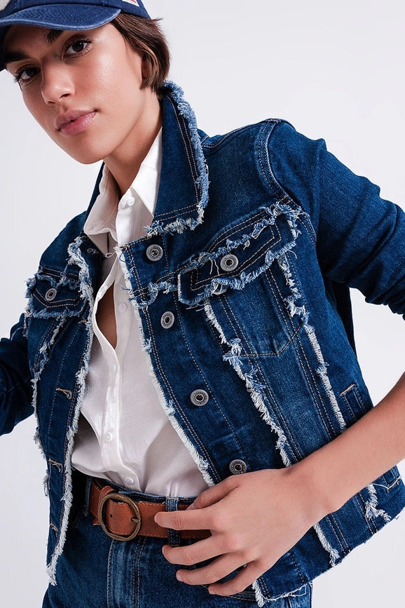 Denim Jacket with Frayed Design and Unfinished Hem-Jacket-Q2-S-Blue-Urbanheer
