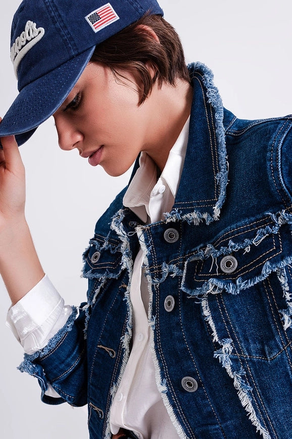 Denim Jacket with Frayed Design and Unfinished Hem-Jacket-Q2-S-Blue-Urbanheer