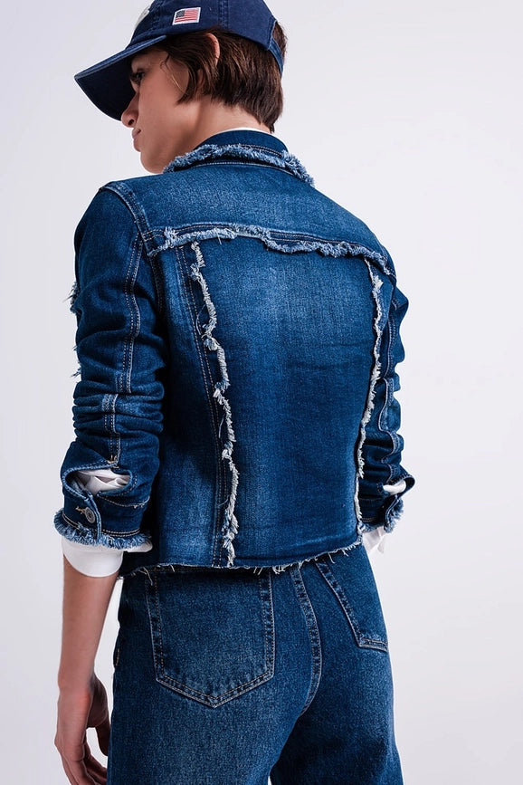 Denim Jacket with Frayed Design and Unfinished Hem-Jacket-Q2-S-Blue-Urbanheer