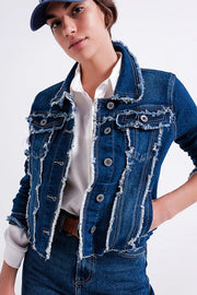 Denim Jacket with Frayed Design and Unfinished Hem-Jacket-Q2-S-Blue-Urbanheer