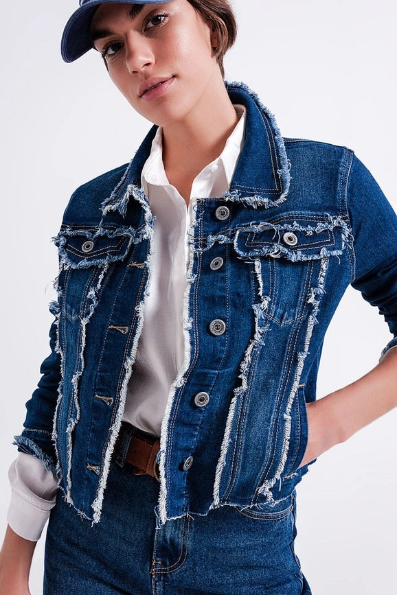 Denim Jacket with Frayed Design and Unfinished Hem-Jacket-Q2-S-Blue-Urbanheer