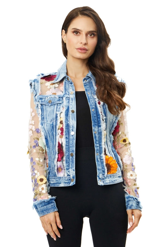 Denim Lace Jacket with Floral Embroidery-Jacket-Adore-S-Urbanheer