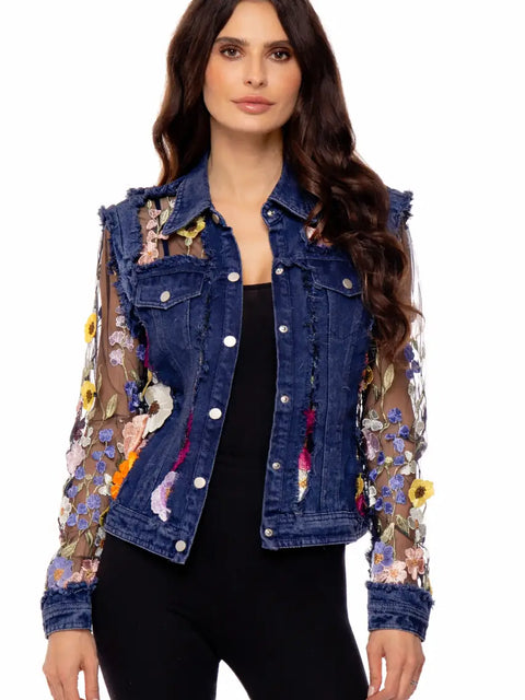 Denim Lace Jacket with Floral Embroidery