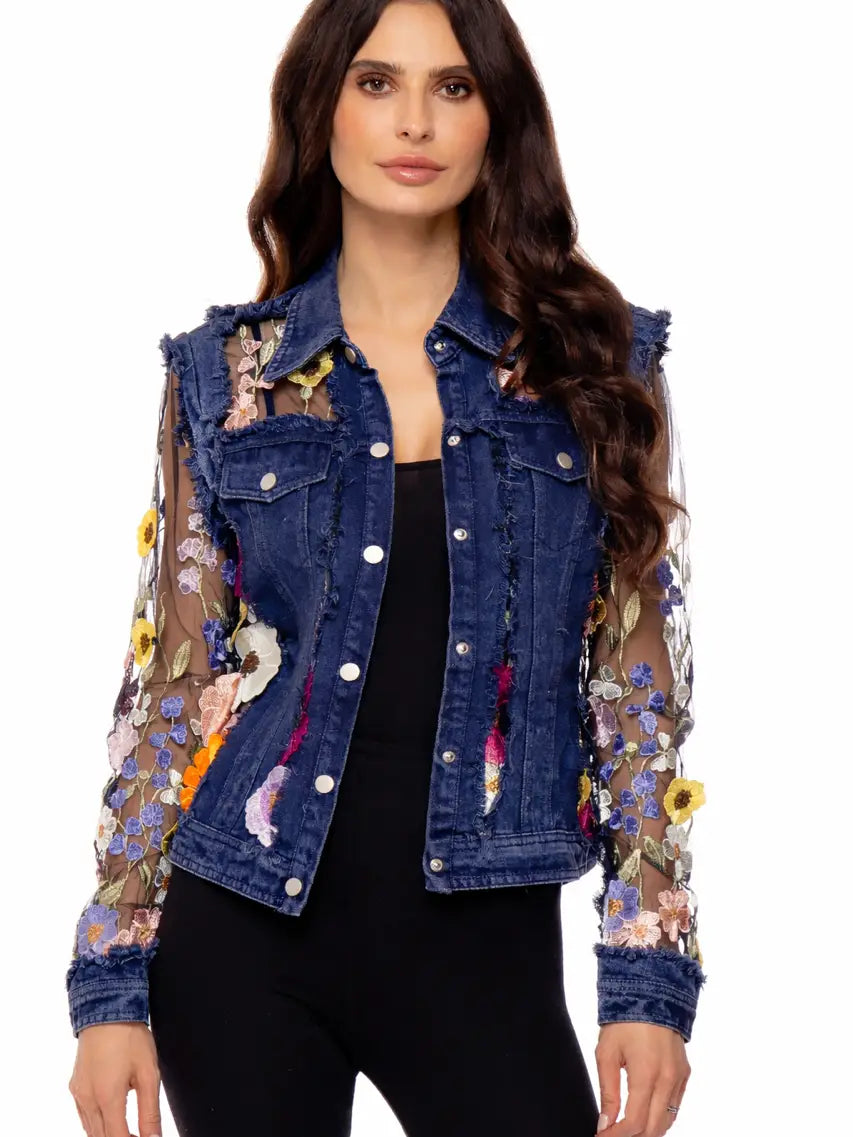 Denim Lace Jacket with Floral Embroidery