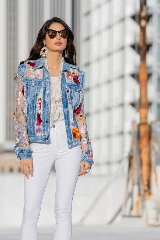 Denim Lace Jacket with Floral Embroidery-Jacket-Adore-S-Urbanheer