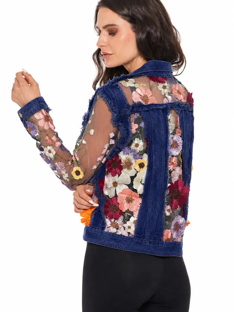 Denim Lace Jacket with Floral Embroidery