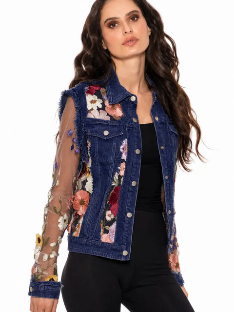 Denim Lace Jacket with Floral Embroidery