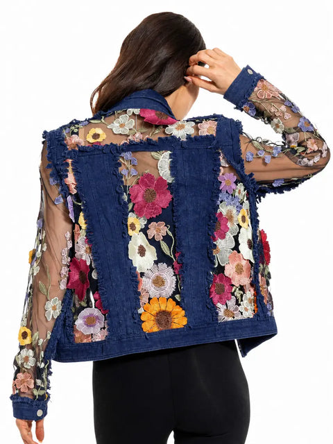 Denim Lace Jacket with Floral Embroidery