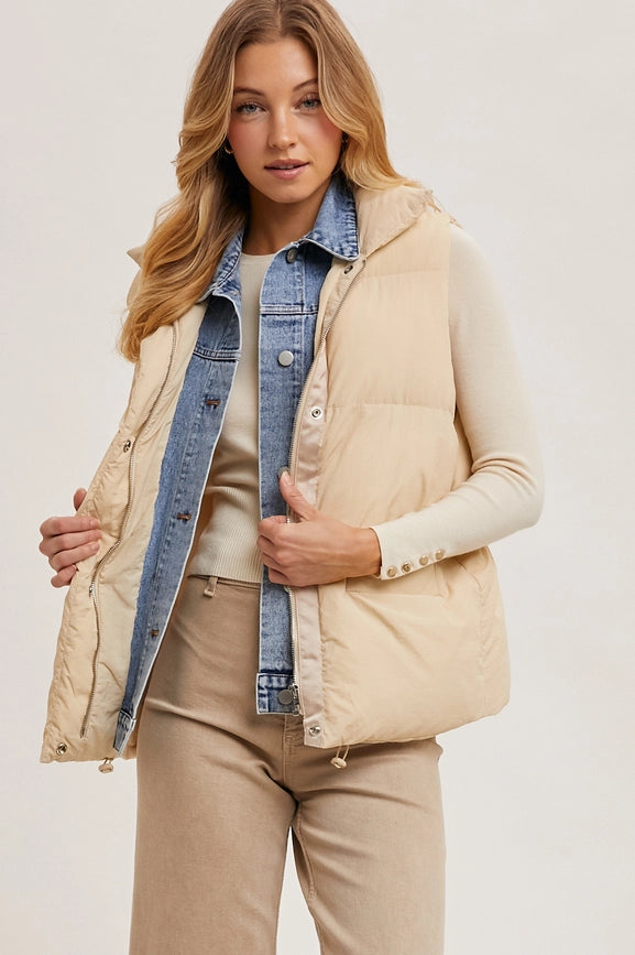 Denim Layered Puffer Vest-Vest-Bluivy-S/M-BEIGE-Urbanheer